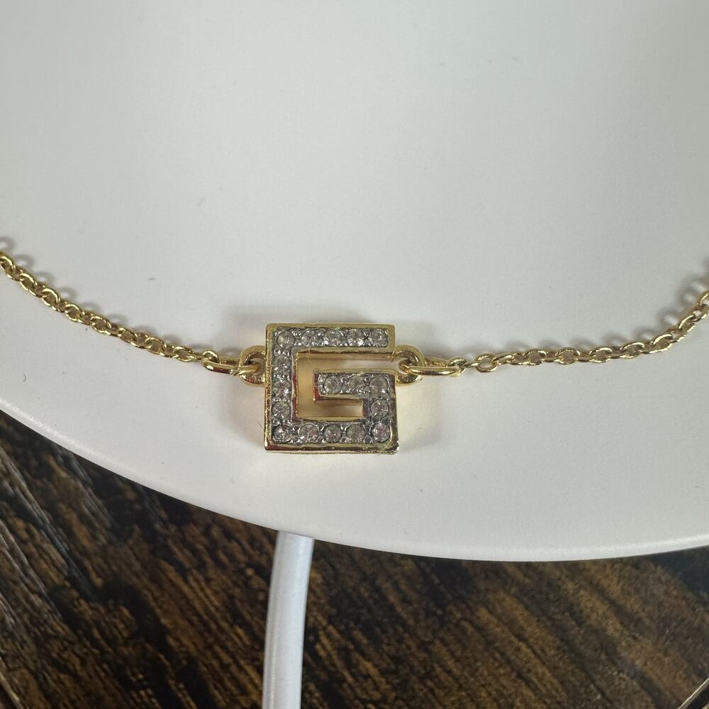 Givenchy Gold Tone Crystal G Logo Pendant Chain Choker Necklace Vintage